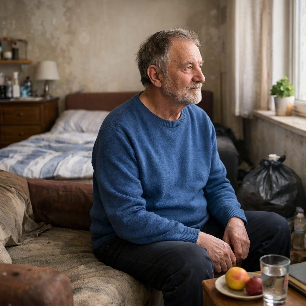 Patient en incurie dans un logement en cours d’amélioration avec environnement plus propre et signes de reprise du quotidien