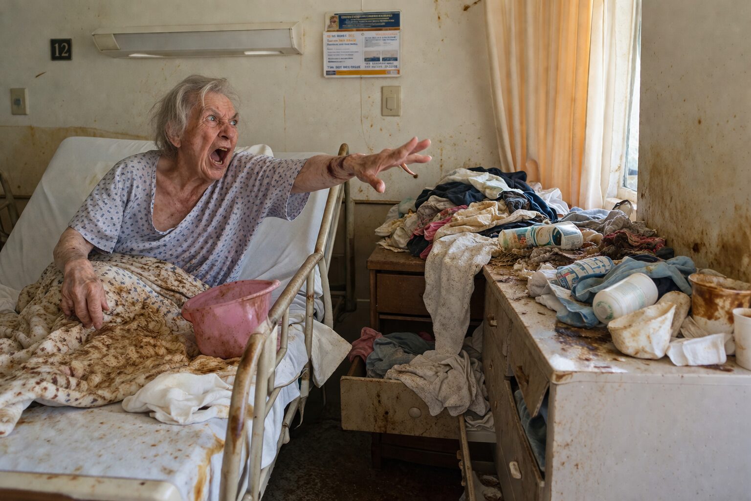 Patient en état de grande détresse dans une chambre très sale, réagissant violemment après le déplacement d’un objet