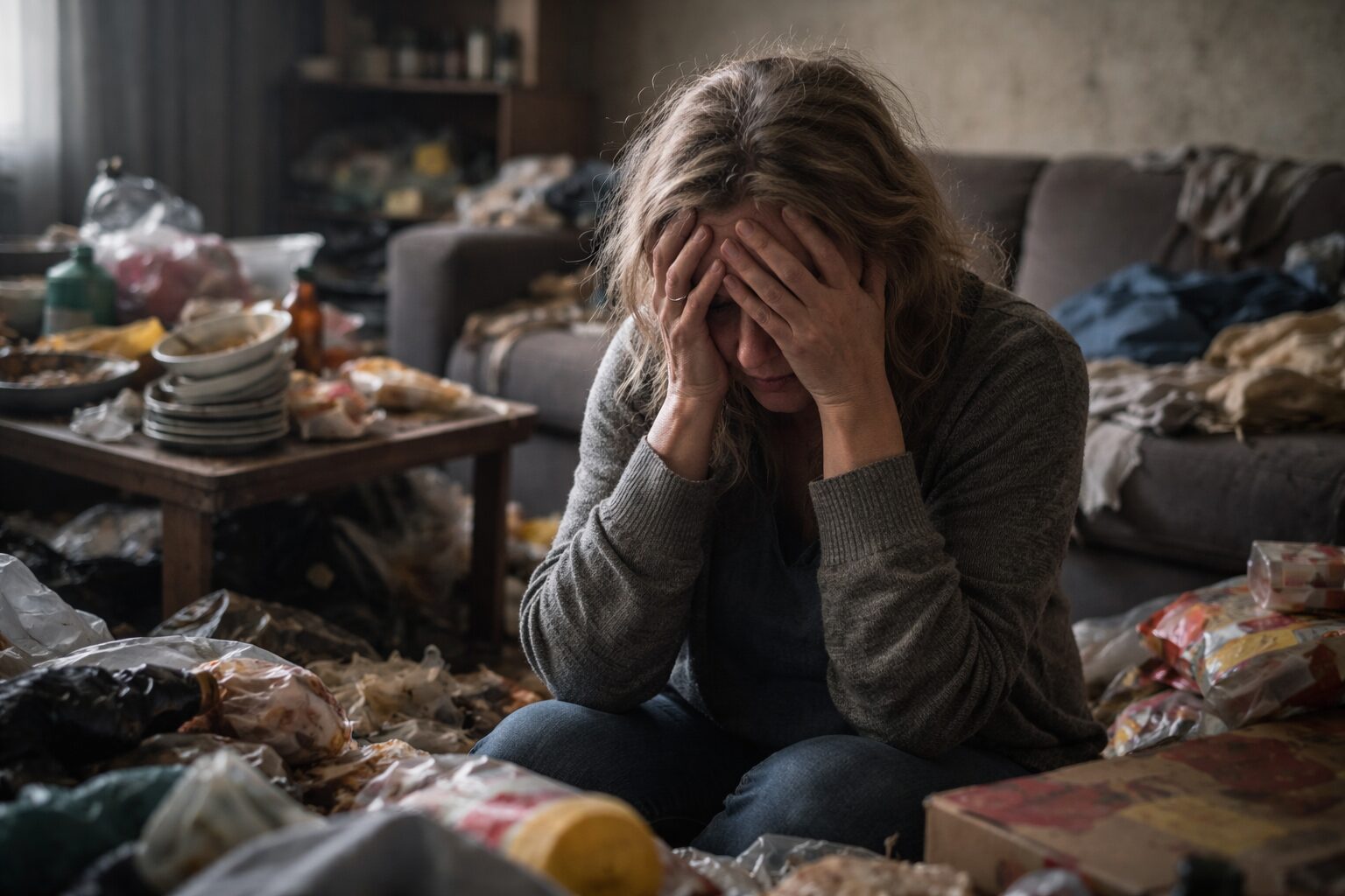 Femme assise dans un logement en situation d’incurie sévère, exprimant la honte, la souffrance psychique et la peur du jugement