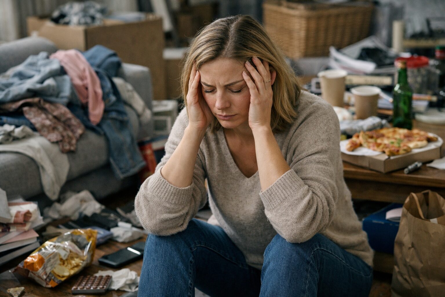 Femme assise dans un salon encombré illustrant les facteurs de rechute après un désencombrement