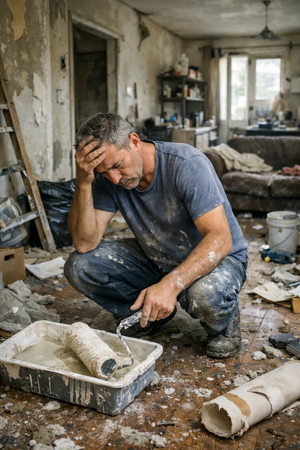 Homme accroupi dans un logement en mauvais état pendant des travaux, illustrant les limites du retour à l’autonomie malgré la remise en état du domicile.