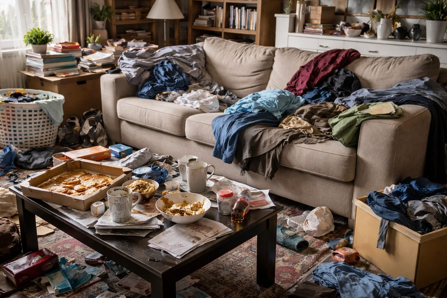 Salon encombré montrant les premiers signes de réencombrement du logement avec vêtements, papiers et objets accumulés