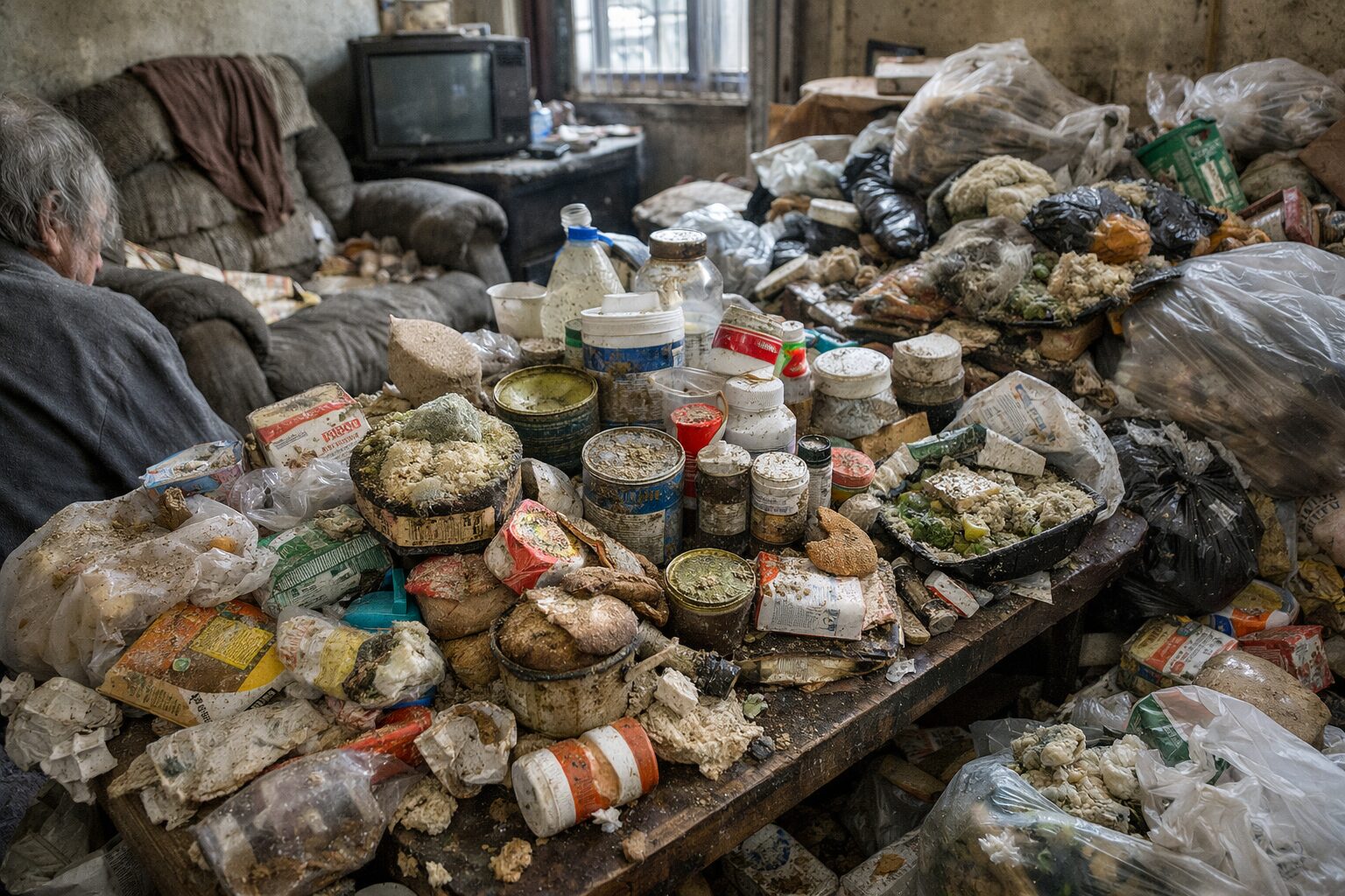 Logement encombré avec accumulation de déchets et de produits périmés dans un contexte d’incurie chronique