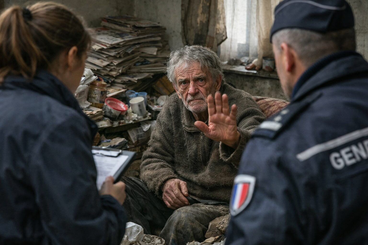 Homme âgé dans un logement très dégradé refusant une aide par peur d’être placé, jugé ou dépossédé en situation d’incurie