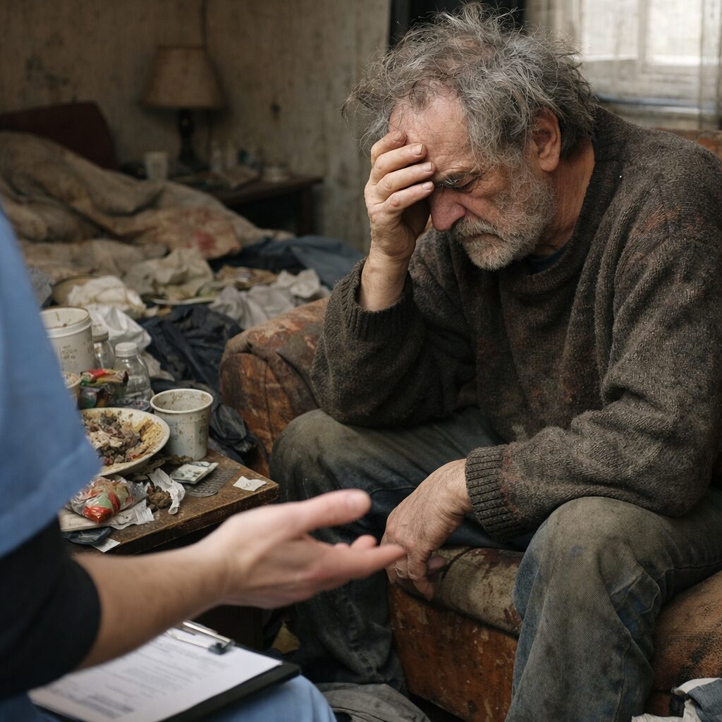 Patient en incurie assis dans un logement insalubre, illustrant le refus d’aide et la perte d’anticipation.