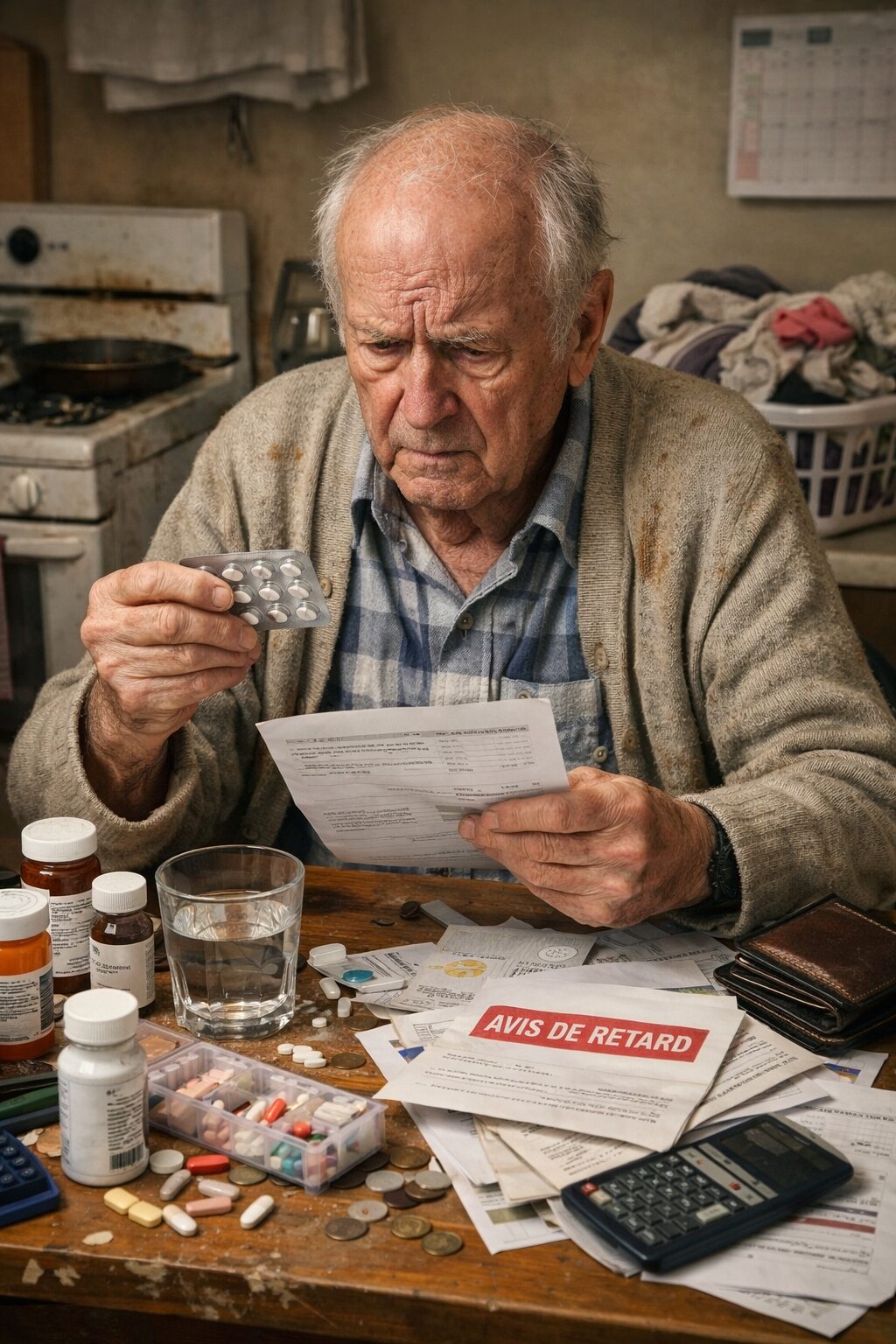 Patient âgé confus devant ses médicaments, des factures impayées et un environnement négligé, illustrant une perte d’autonomie dans la gestion de la médication, de l’hygiène et du budget