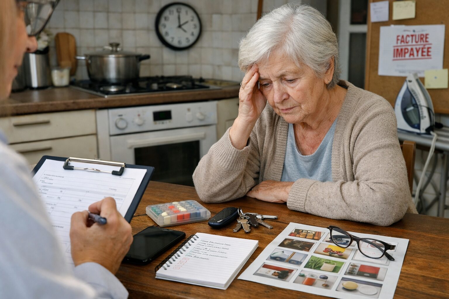 Personne âgée avec troubles de mémoire à domicile lors d’une évaluation clinique avec pilulier, clés, notes et documents sur une table de cuisine