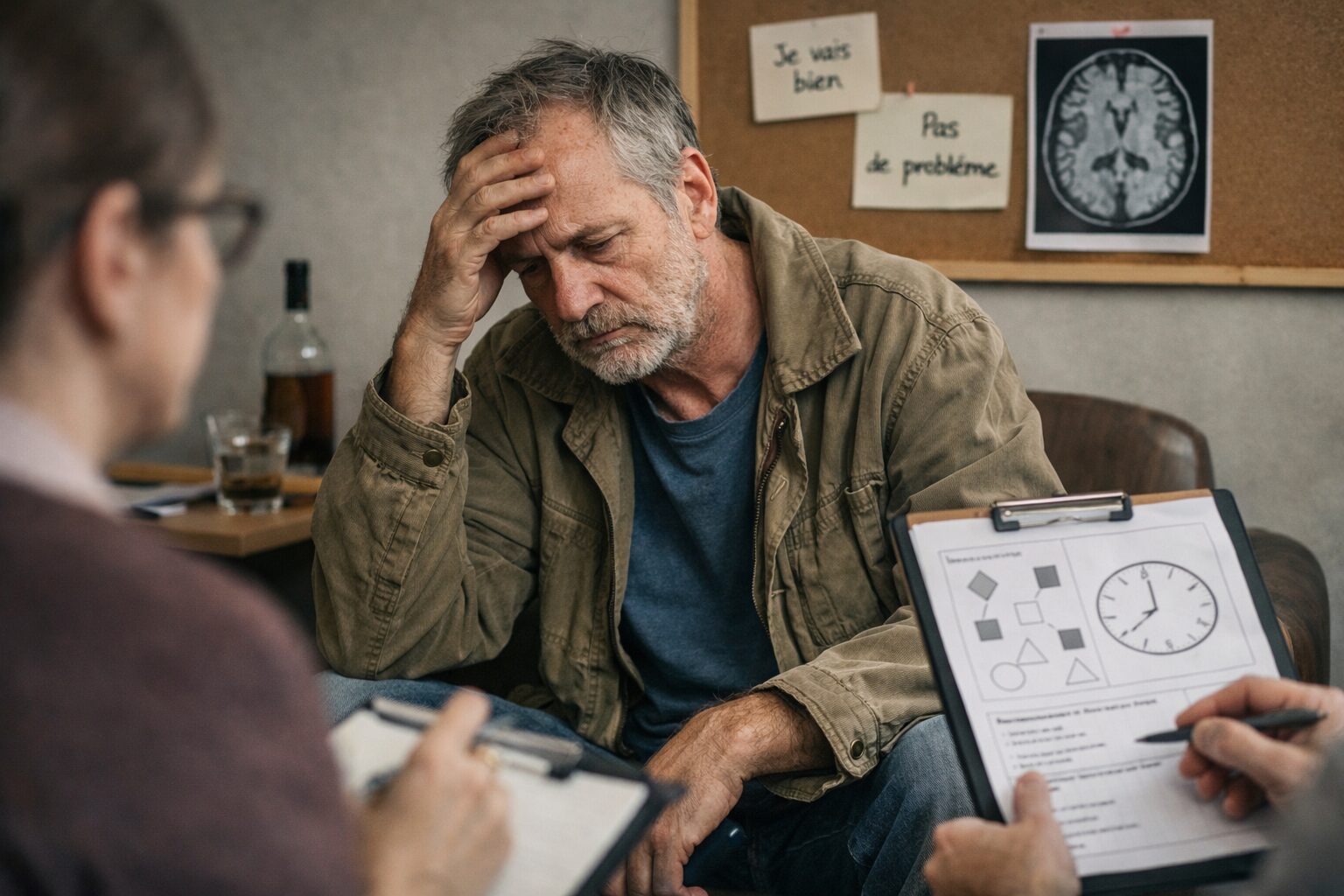 Patient atteint du syndrome de Korsakoff en entretien clinique pour évaluer le refus d’aide lié au déni, à la honte et au déficit cognitif