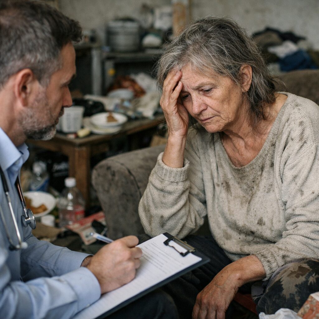 Clinicien évaluant la conscience du trouble chez une personne âgée vivant dans un logement marqué par une incurie ancienne