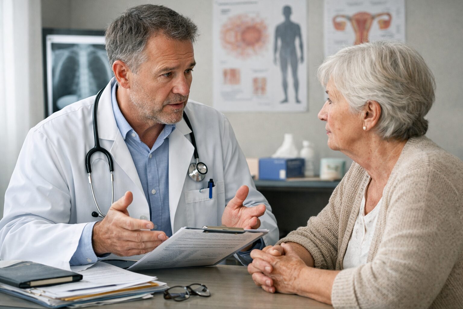 Médecin en consultation expliquant avec précision un sujet médical sensible à une patiente âgée dans un cabinet médical