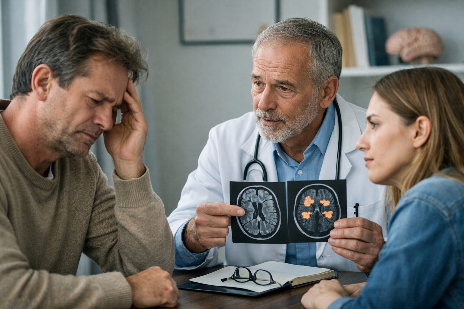 Médecin expliquant les différences entre syndrome de Korsakoff et maladie d’Alzheimer débutante à un patient relativement jeune et à sa proche