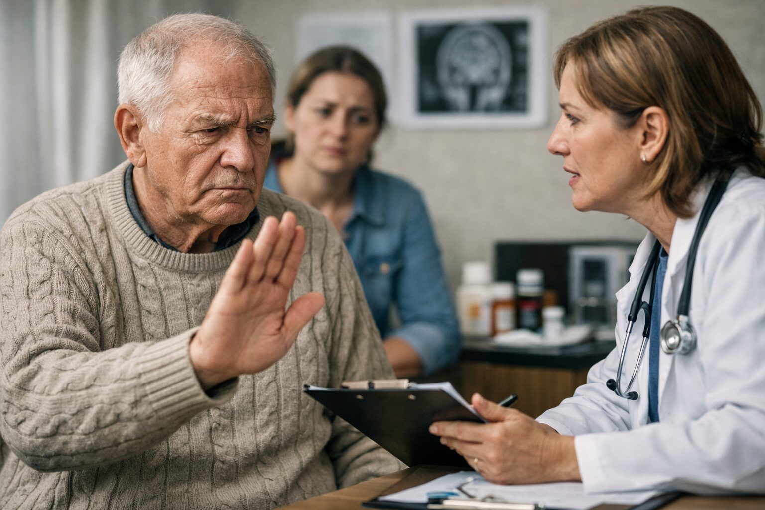 Patient refusant un soin lors d’une consultation médicale pendant qu’un médecin évalue sa capacité de compréhension et de décision