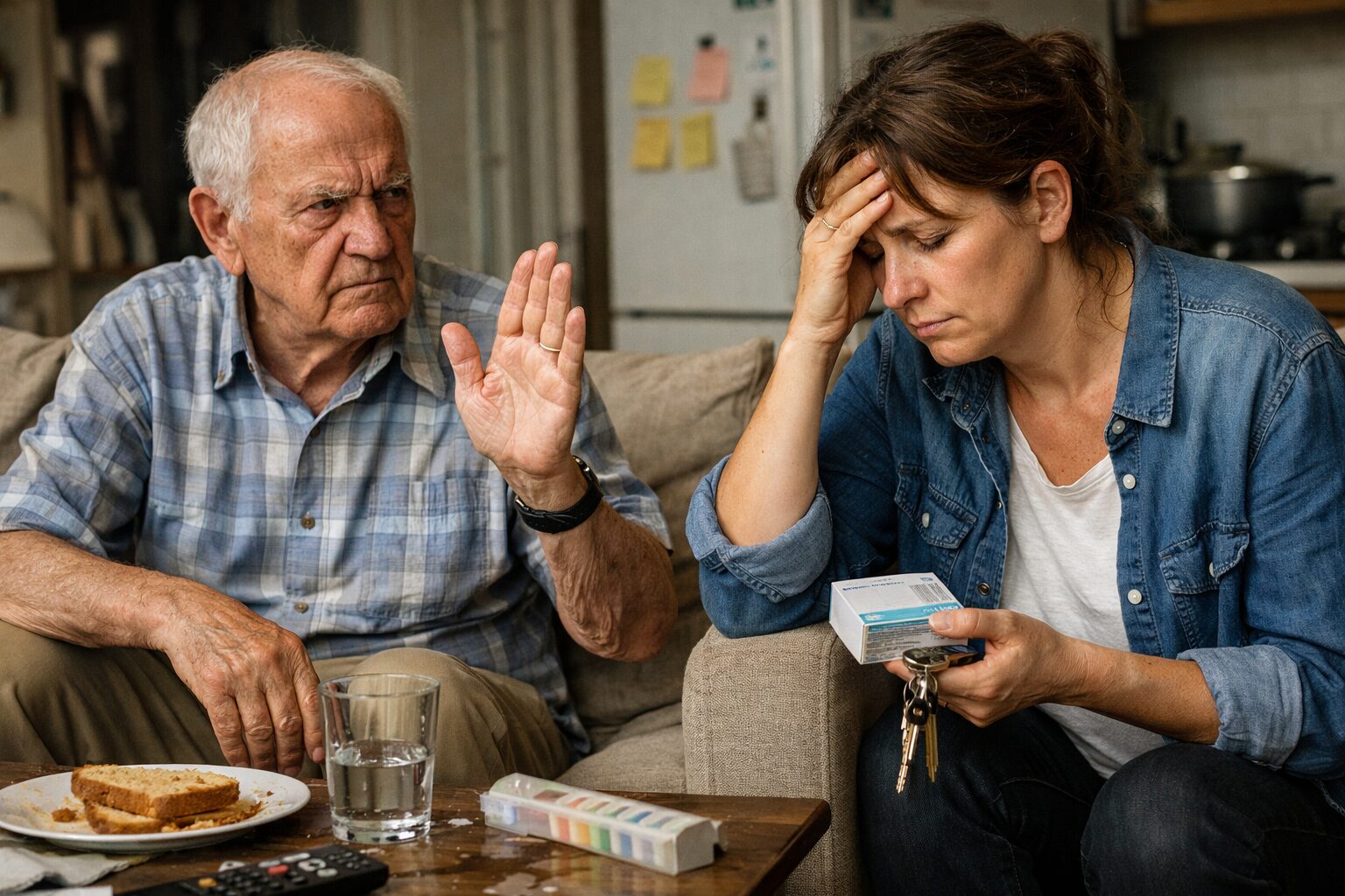 Proche aidante fatiguée tenant des médicaments et des clés face à un patient âgé qui conteste avoir besoin d’aide dans un salon