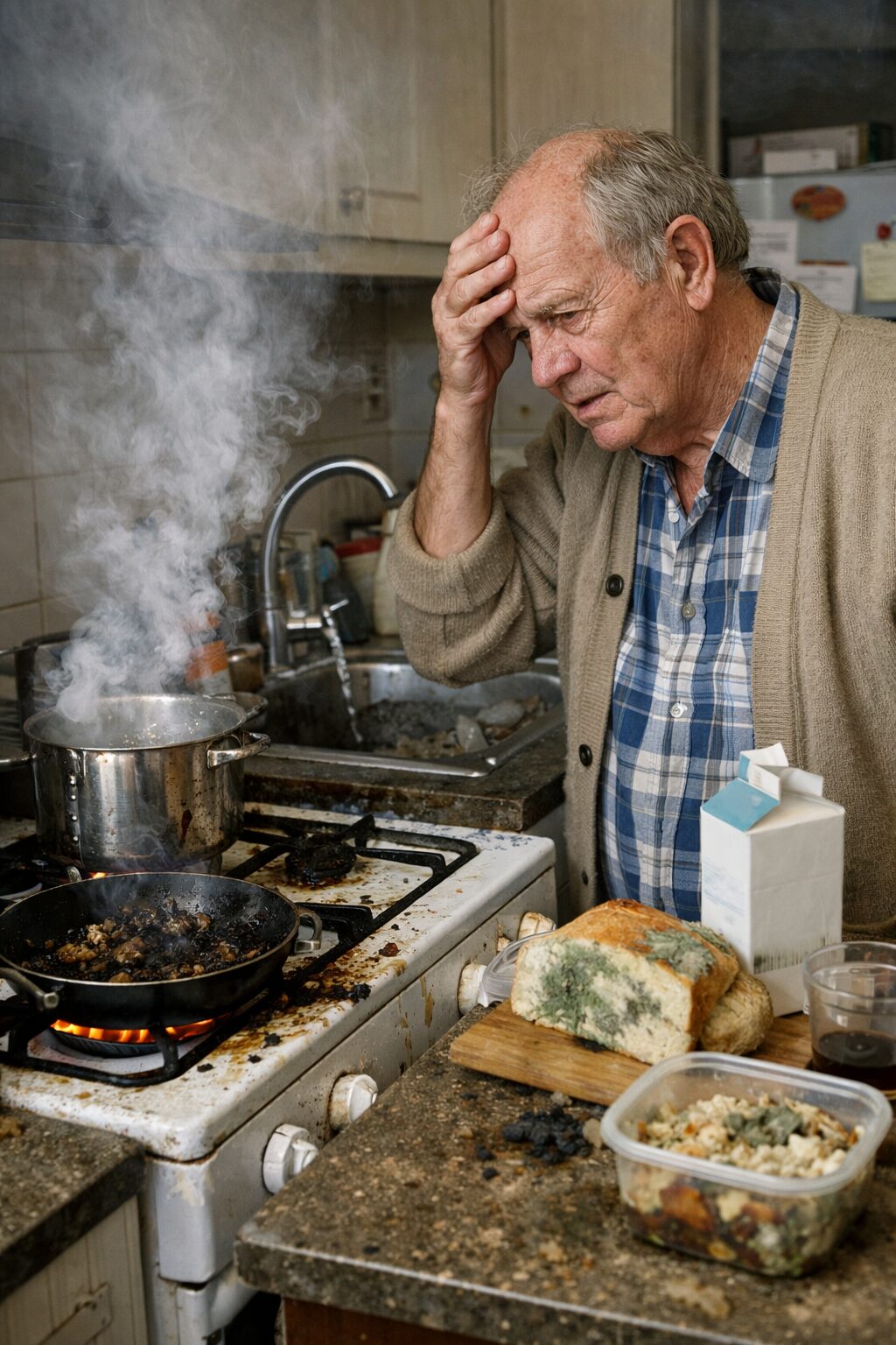Patient atteint du syndrome de Korsakoff dans une cuisine, oubliant une plaque allumée, avec eau qui coule et aliments avariés sur le plan de travail