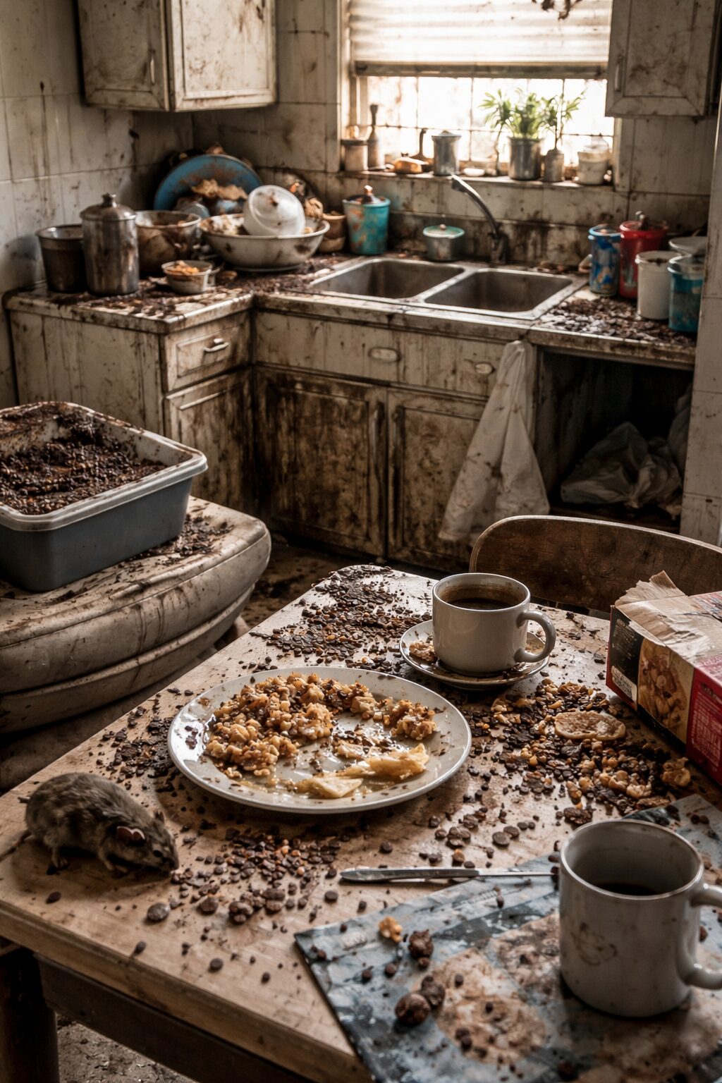 Cuisine d’un domicile fortement insalubre avec table de repas sale, vaisselle souillée et traces de déjections animales dans l’environnement