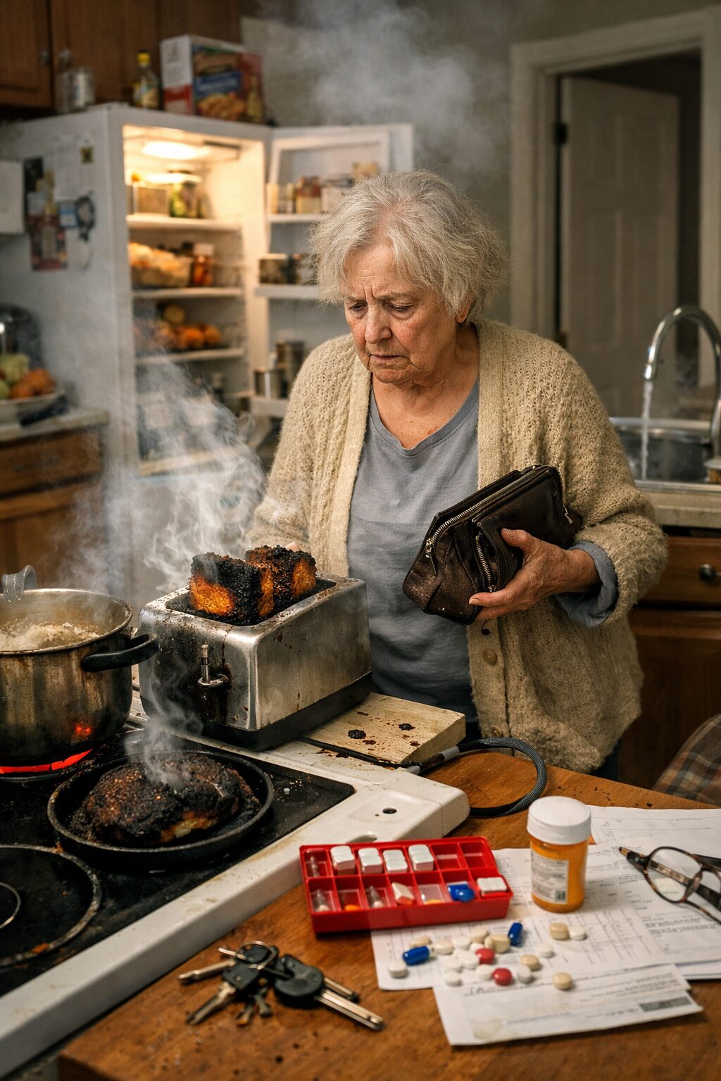 Femme âgée dans une cuisine avec aliments brûlés, médicaments et désordre, illustrant les risques domestiques liés à des troubles mnésiques