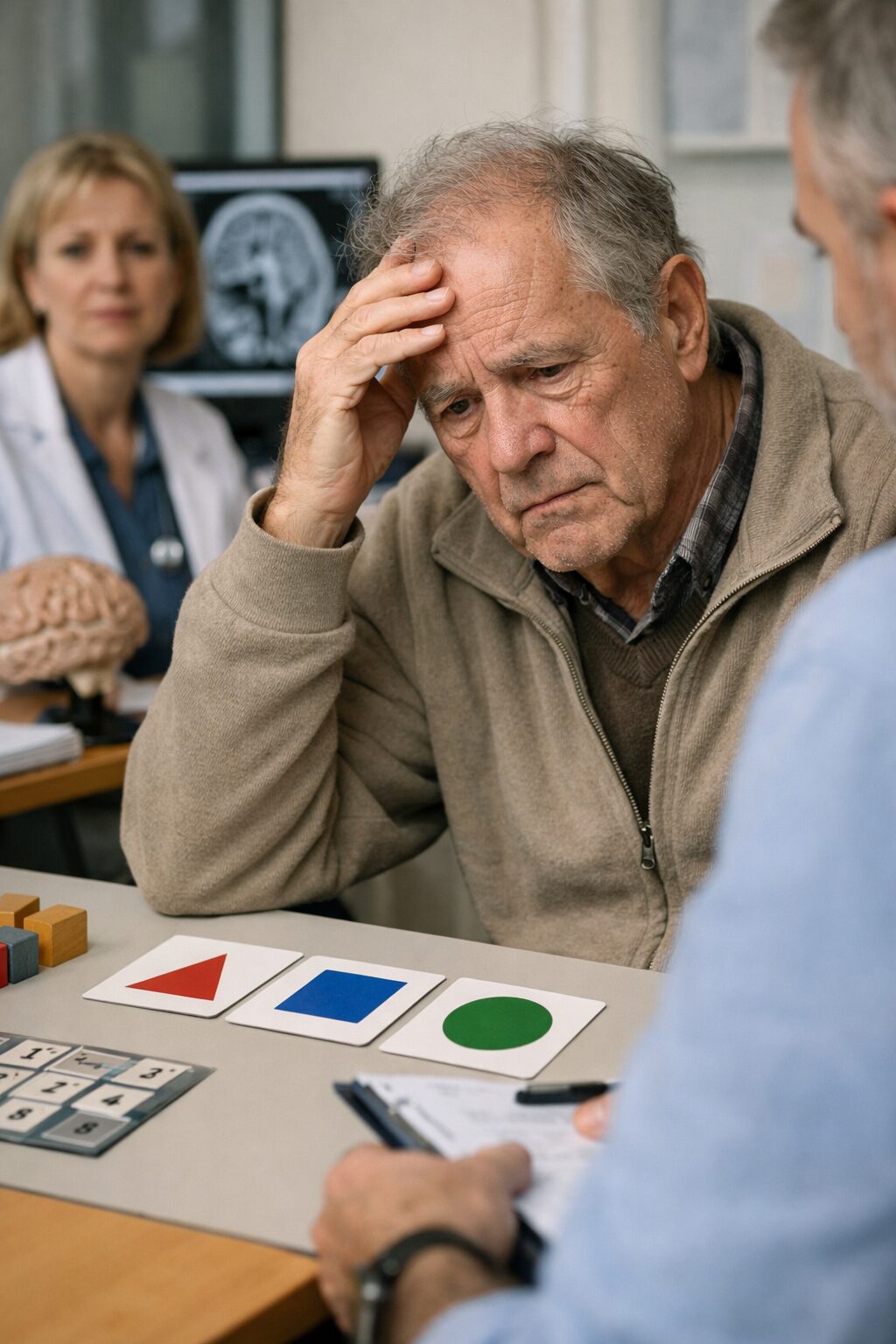 Patient en évaluation neuropsychologique pour distinguer un trouble de mémoire d’une atteinte des fonctions exécutives dans le syndrome de Korsakoff