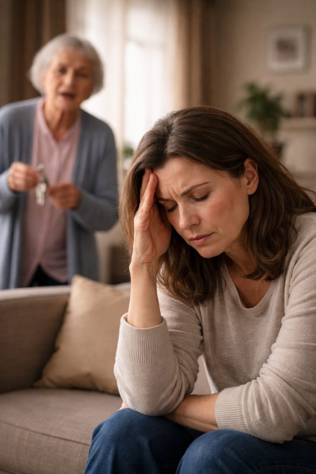 Aidante épuisée assise sur un canapé pendant qu’une personne âgée confuse tient des clés en arrière-plan