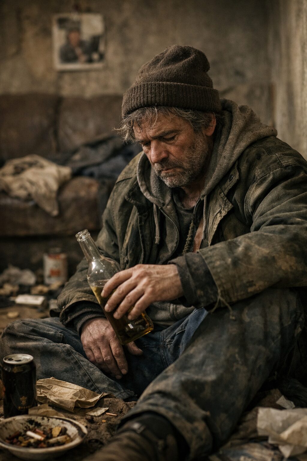 Homme en situation de grande précarité assis dans une pièce sombre, illustrant le retard de diagnostic du syndrome de Korsakoff derrière une image sociale de marginalité