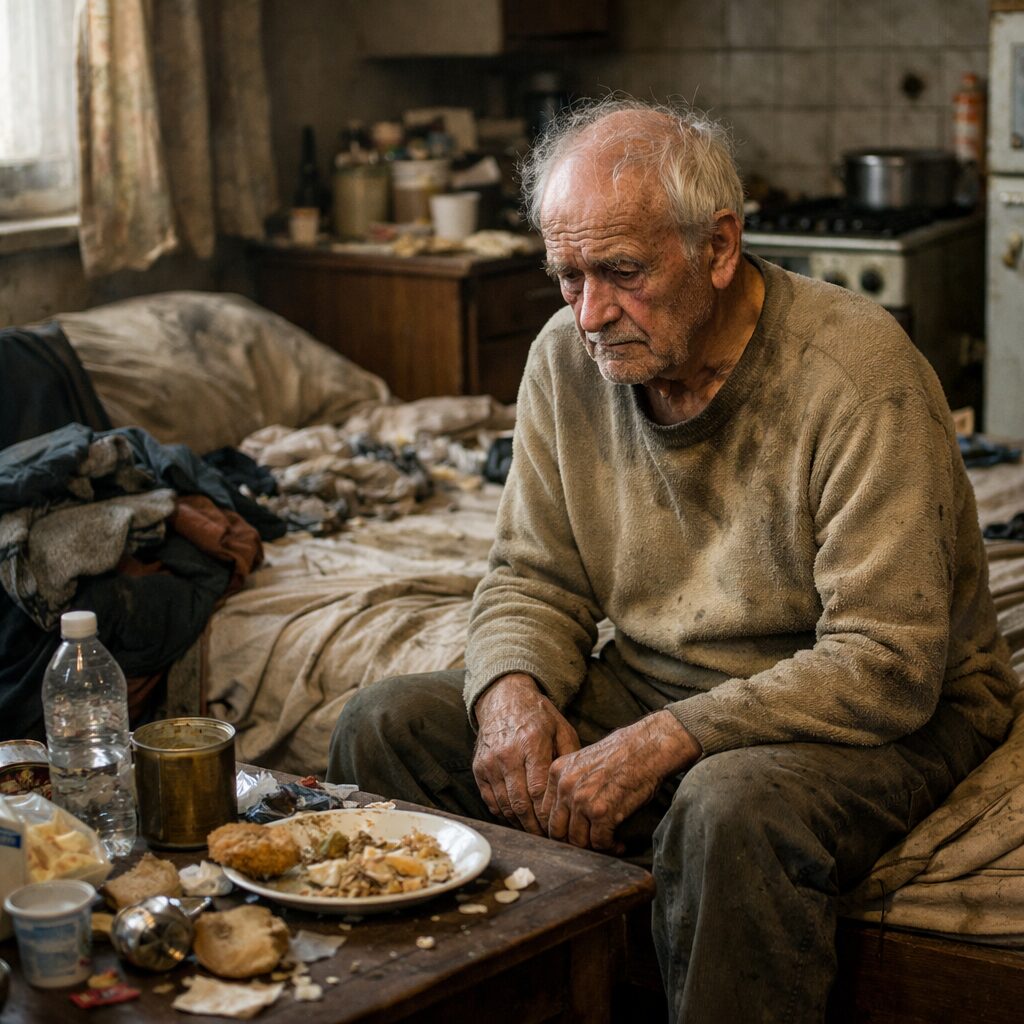 Homme âgé assis dans un logement dégradé, signe possible d’une aggravation clinique malgré une apparente stabilité