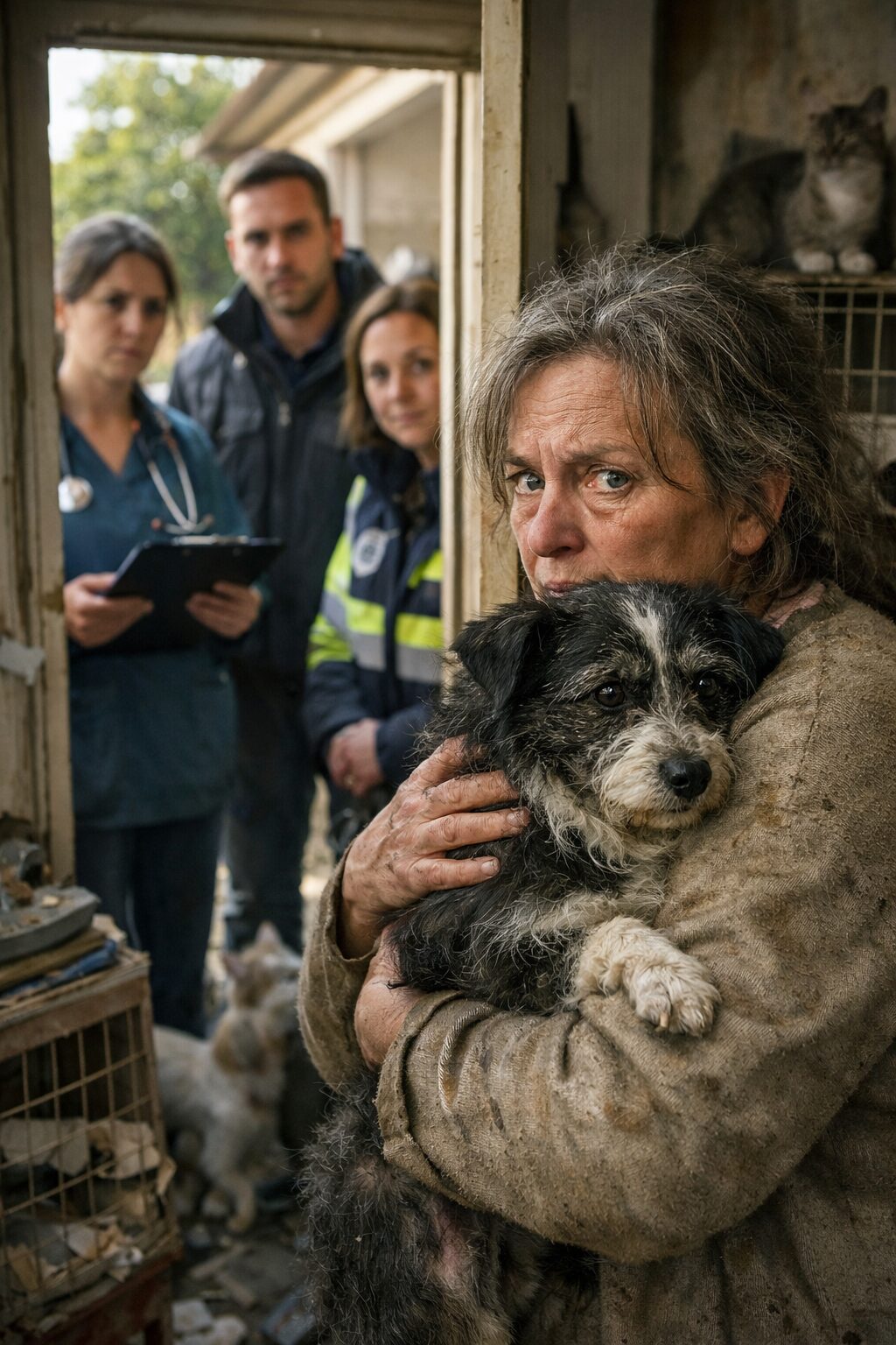 Patiente atteinte du syndrome de Noé tenant un chien dans ses bras devant un vétérinaire, un travailleur social et une intervenante de la protection animale