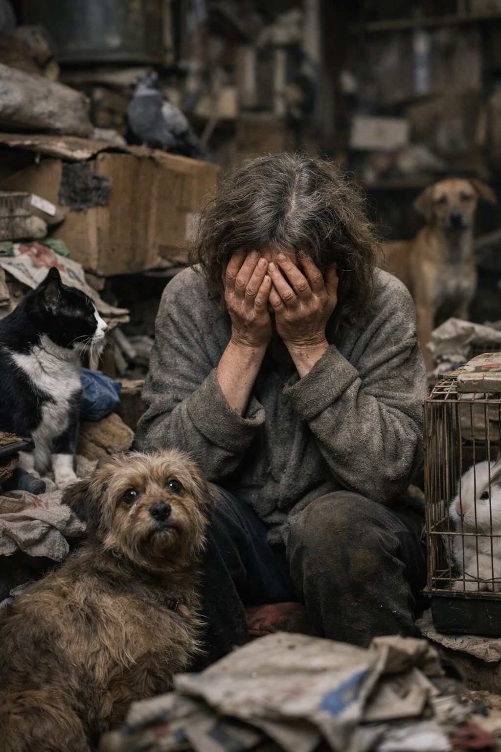 Femme en détresse au milieu de plusieurs animaux dans un logement encombré illustrant le syndrome de Noé lié à la culpabilité, à la solitude et à un passé traumatique