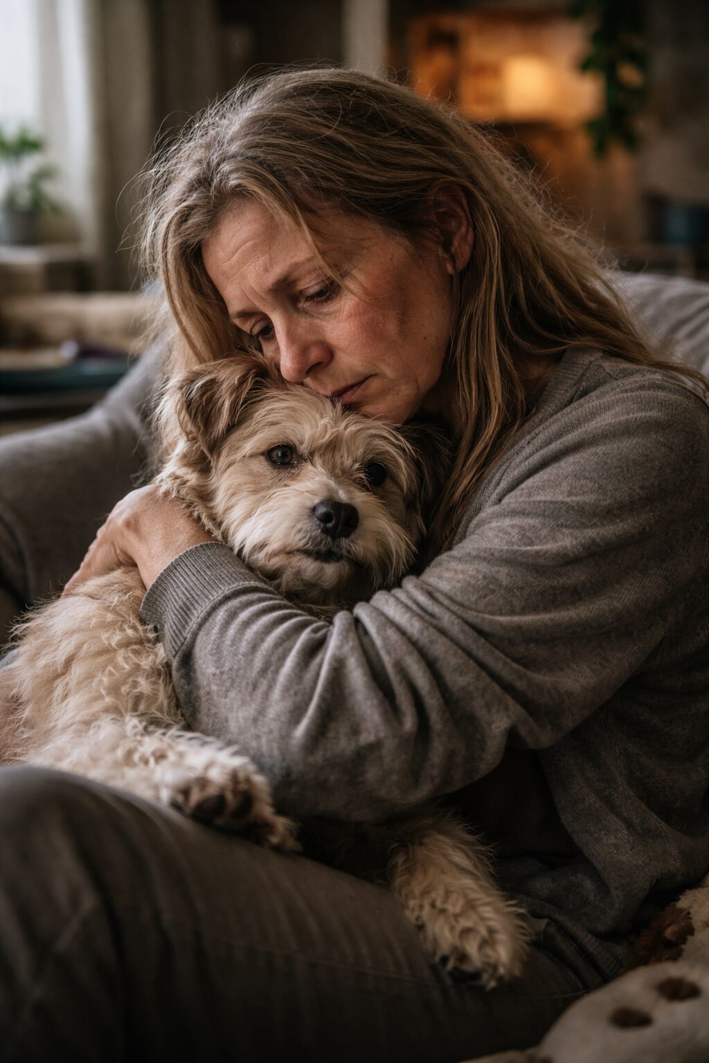 Femme tenant son chien dans ses bras, illustrant un attachement psychique exclusif entre un patient et son animal