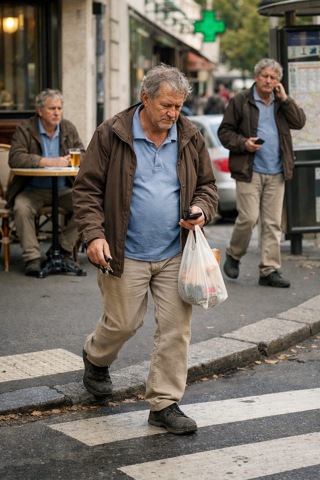 Patient atteint du syndrome de Korsakoff semblant autonome dans la rue, illustrant les difficultés à maintenir une vie quotidienne cohérente sur plusieurs jours