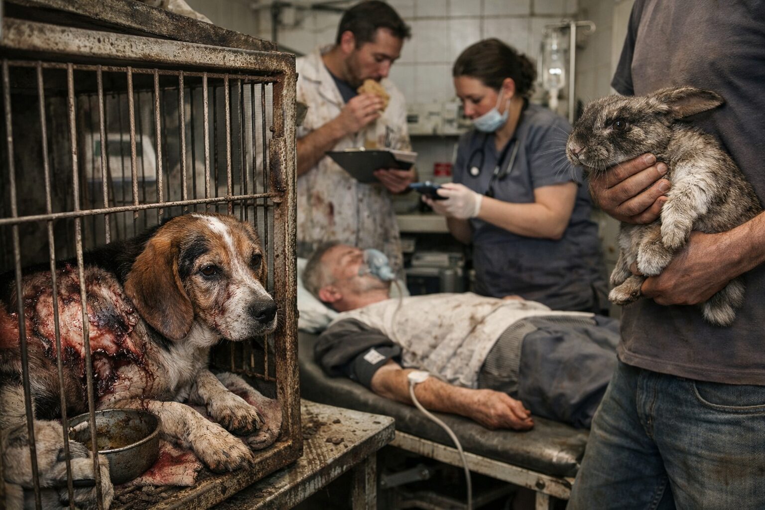 Illustration ultra réaliste montrant un animal en souffrance dans un environnement insalubre, symbolisant une perte du jugement face à la souffrance animale et au danger sanitaire pour le patient