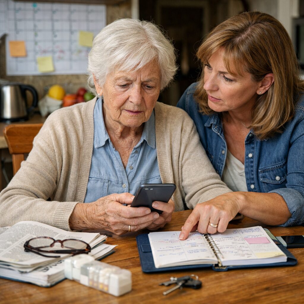 Femme âgée semblant autonome mais en difficulté pour organiser sa journée, accompagnée par une proche devant un agenda et un pilulier