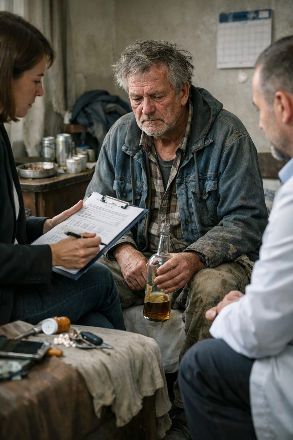 Patient atteint du syndrome de Korsakoff en situation de vulnérabilité, entouré de professionnels évaluant la nécessité d’une mesure de protection juridique