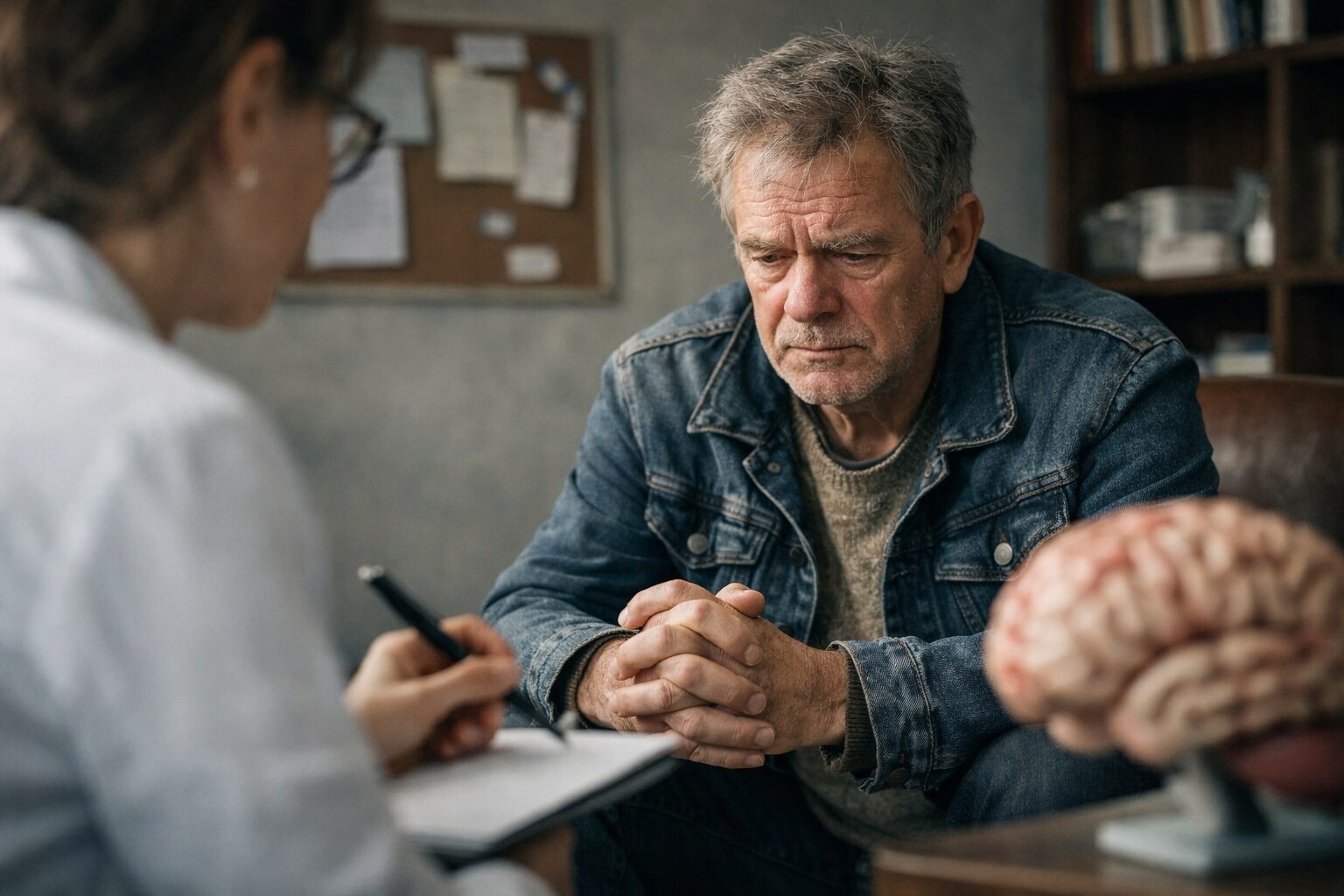 Patient atteint du syndrome de Korsakoff en consultation, illustrant les troubles neurocognitifs responsables de promesses répétées non tenues