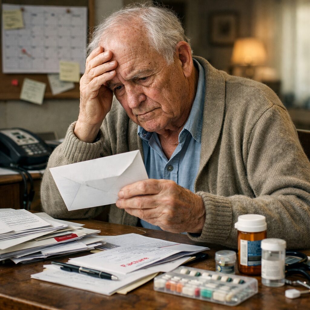 Personne âgée assise à une table avec du courrier, des factures, un calendrier et des médicaments, illustrant les difficultés liées à l’évolution d’une maladie cognitive.