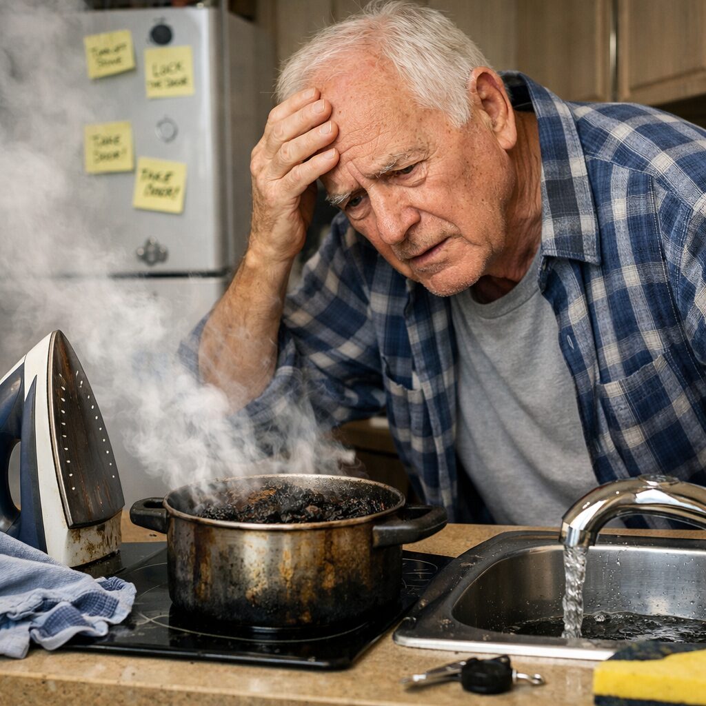 Patient âgé dans une cuisine, visiblement désorienté, face à une casserole brûlée et à des pense-bêtes de rappel, illustrant la répétition d’erreurs domestiques malgré les aides-mémoires.