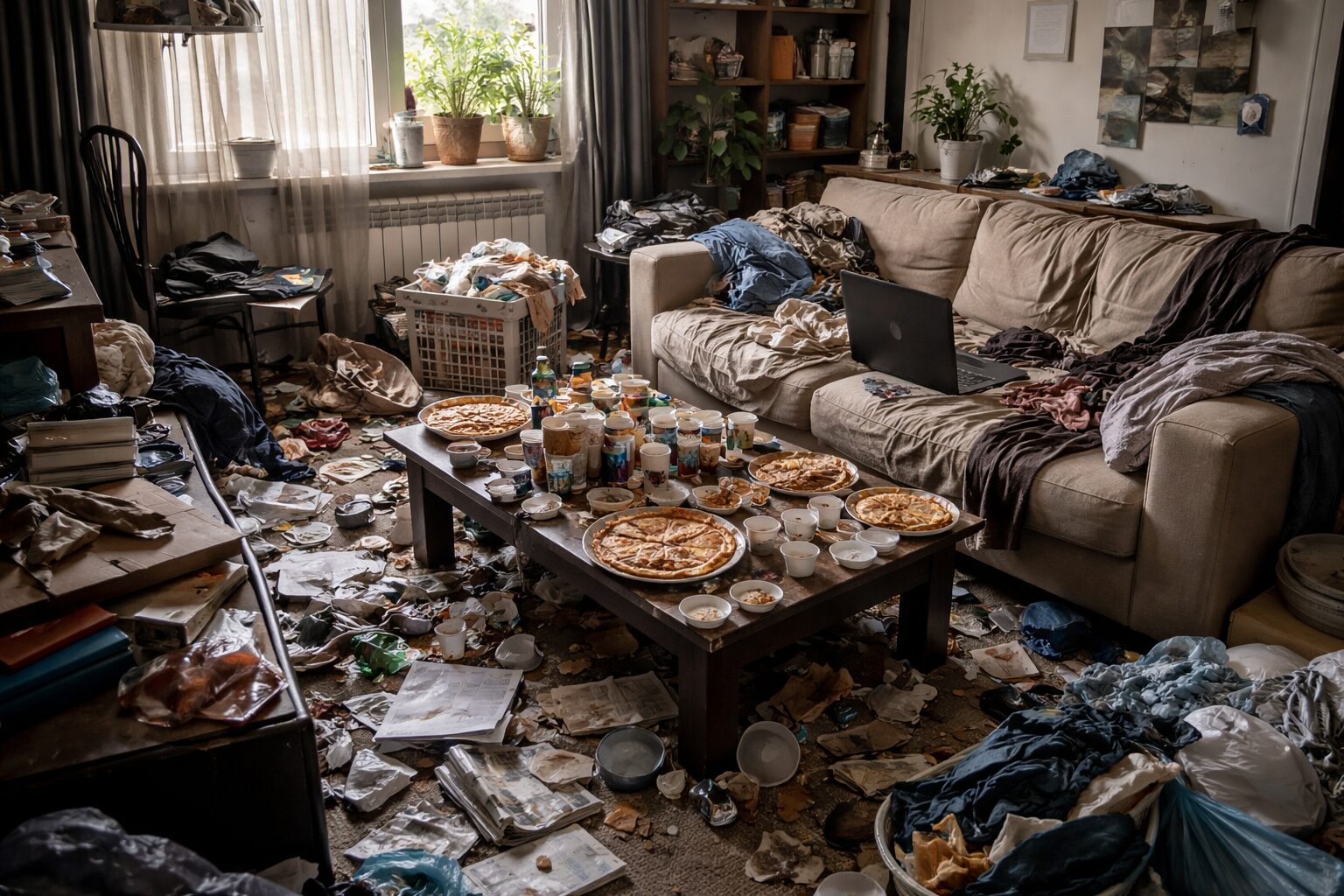 Salon encombré montrant un logement devenu le prolongement d’une désorganisation cognitive avec objets dispersés, tâches inachevées et perte de repères domestiques