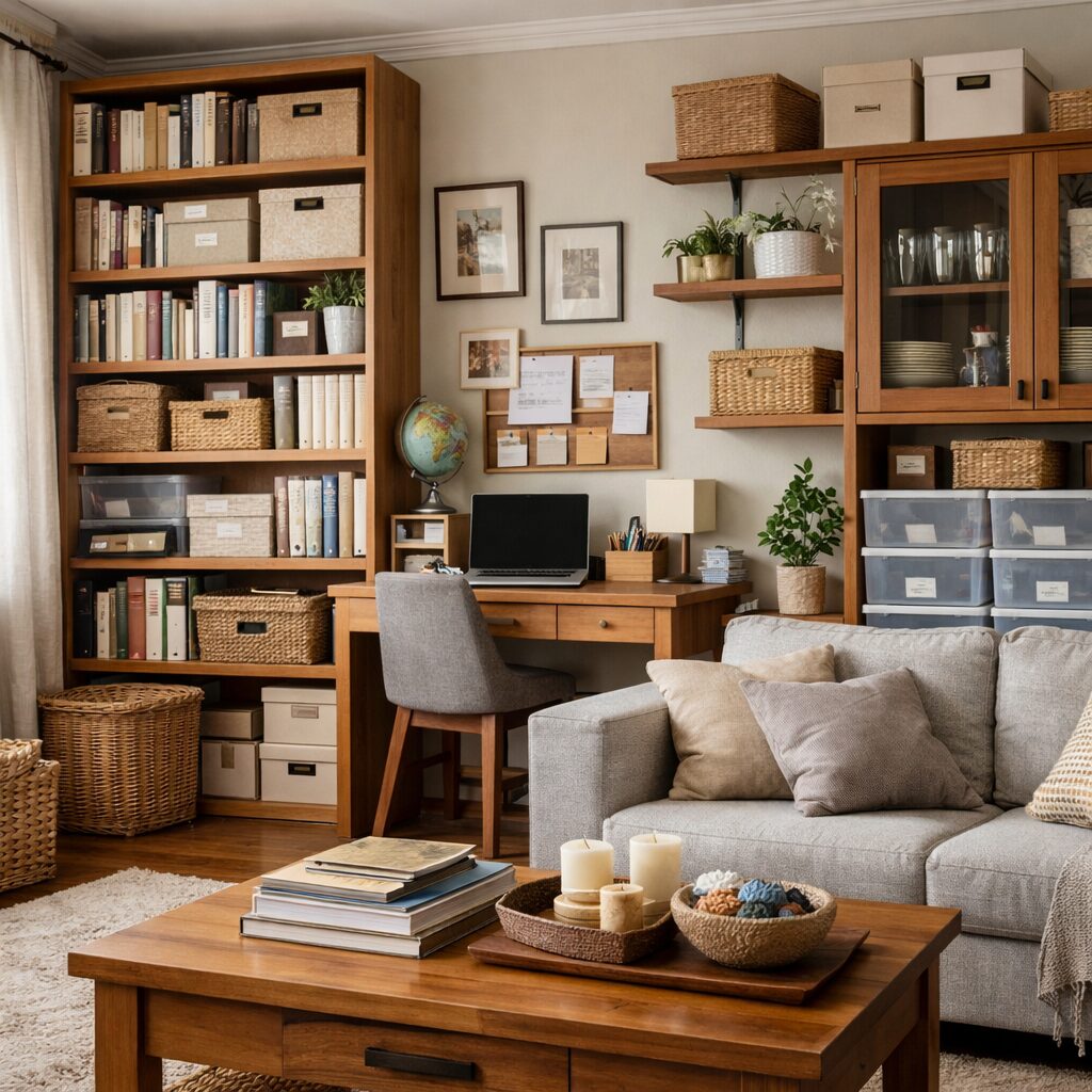 Salon organisé avec rangements visibles, objets classés et espace de vie fonctionnel illustrant une accumulation volontaire structurée dans un logement.