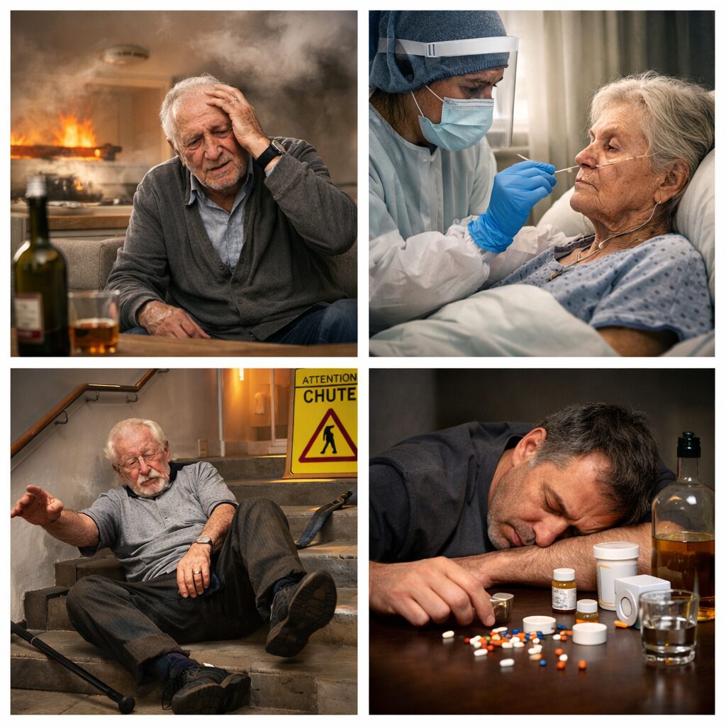 Évaluation des risques chez un patient : incendie, infection, chute et intoxication selon le trouble principal