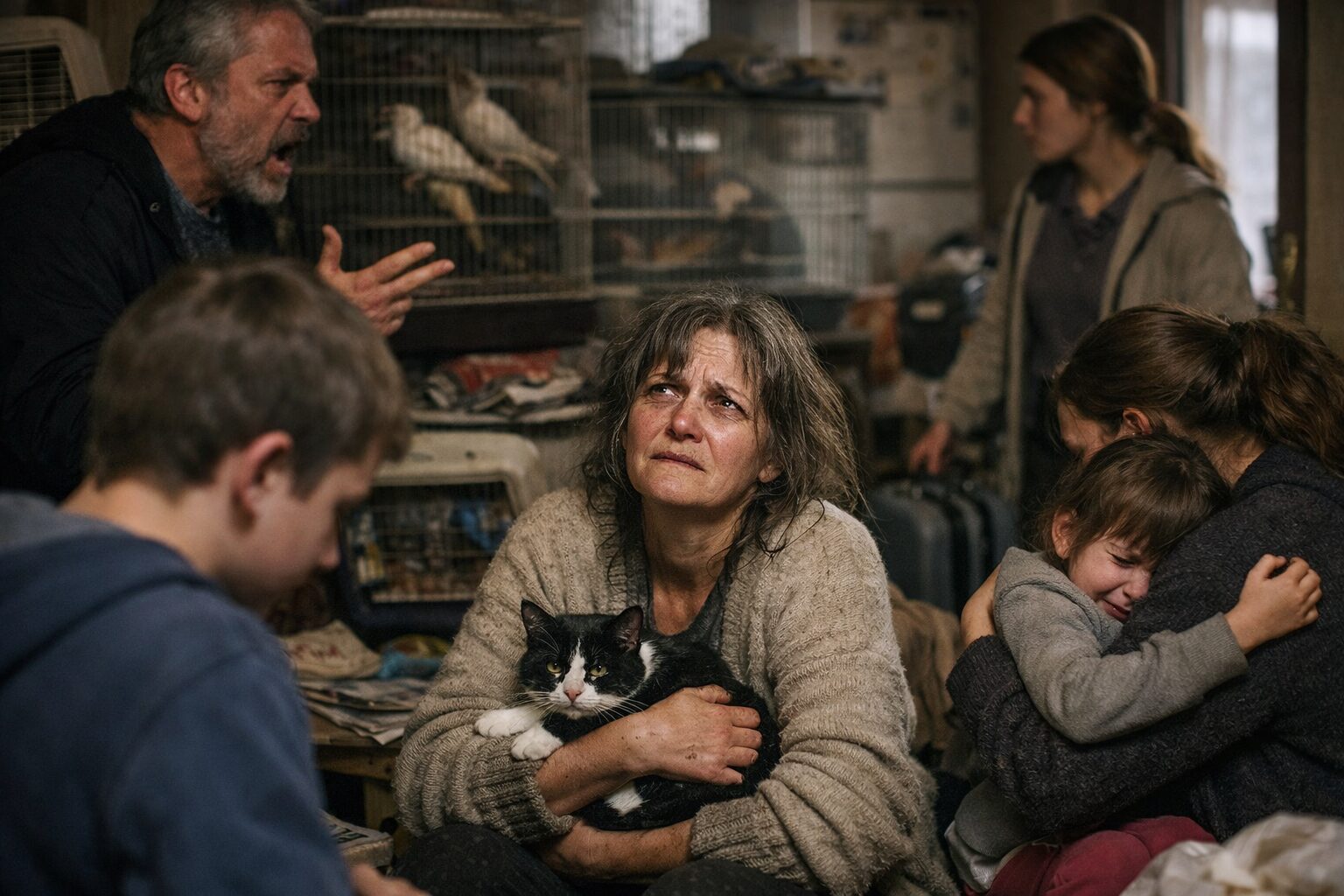 Scène familiale tendue liée au syndrome de Noé dans un logement encombré avec animaux et forte détresse émotionnelle