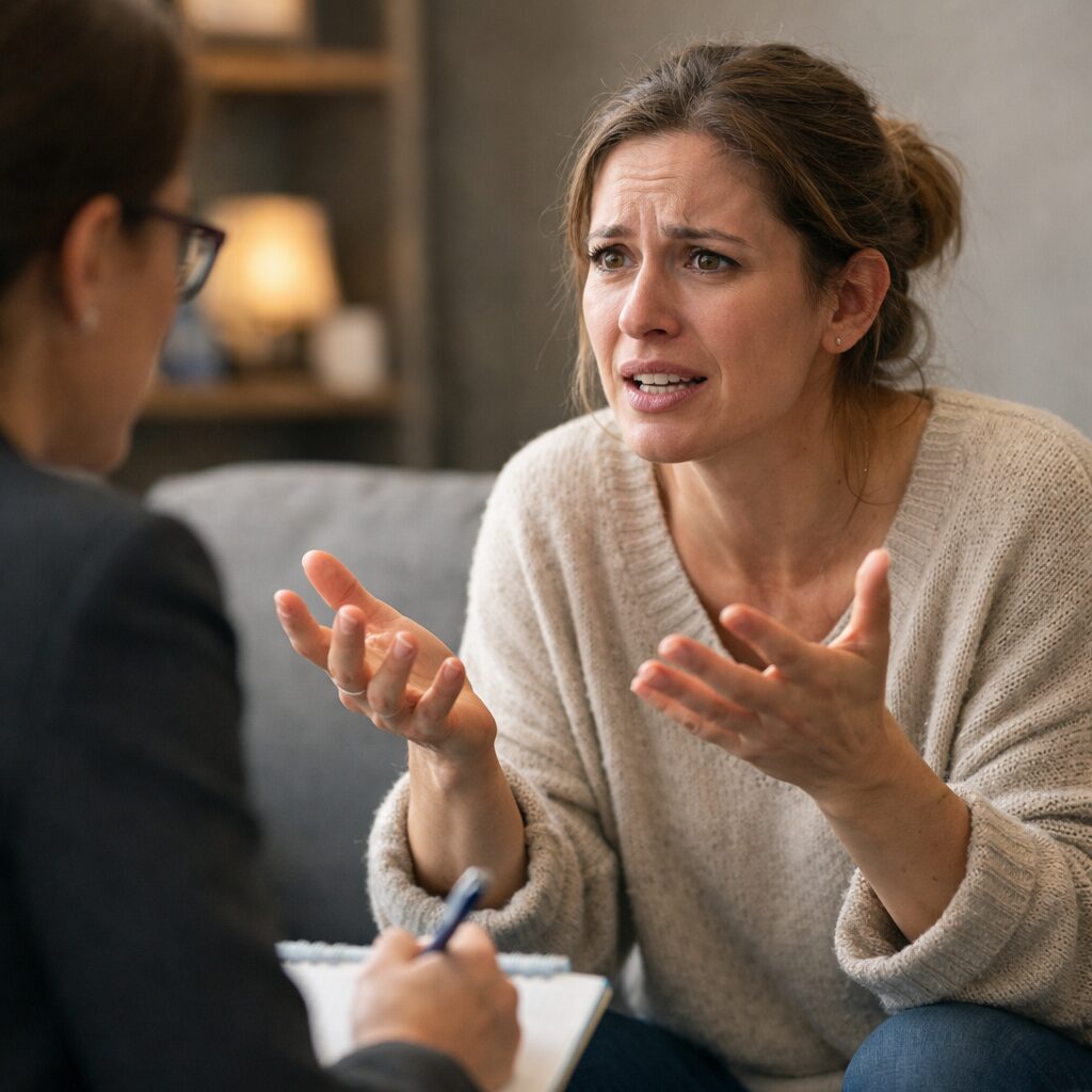 Patiente en séance de thérapie exprimant une rationalisation pathologique face à un professionnel de santé mentale