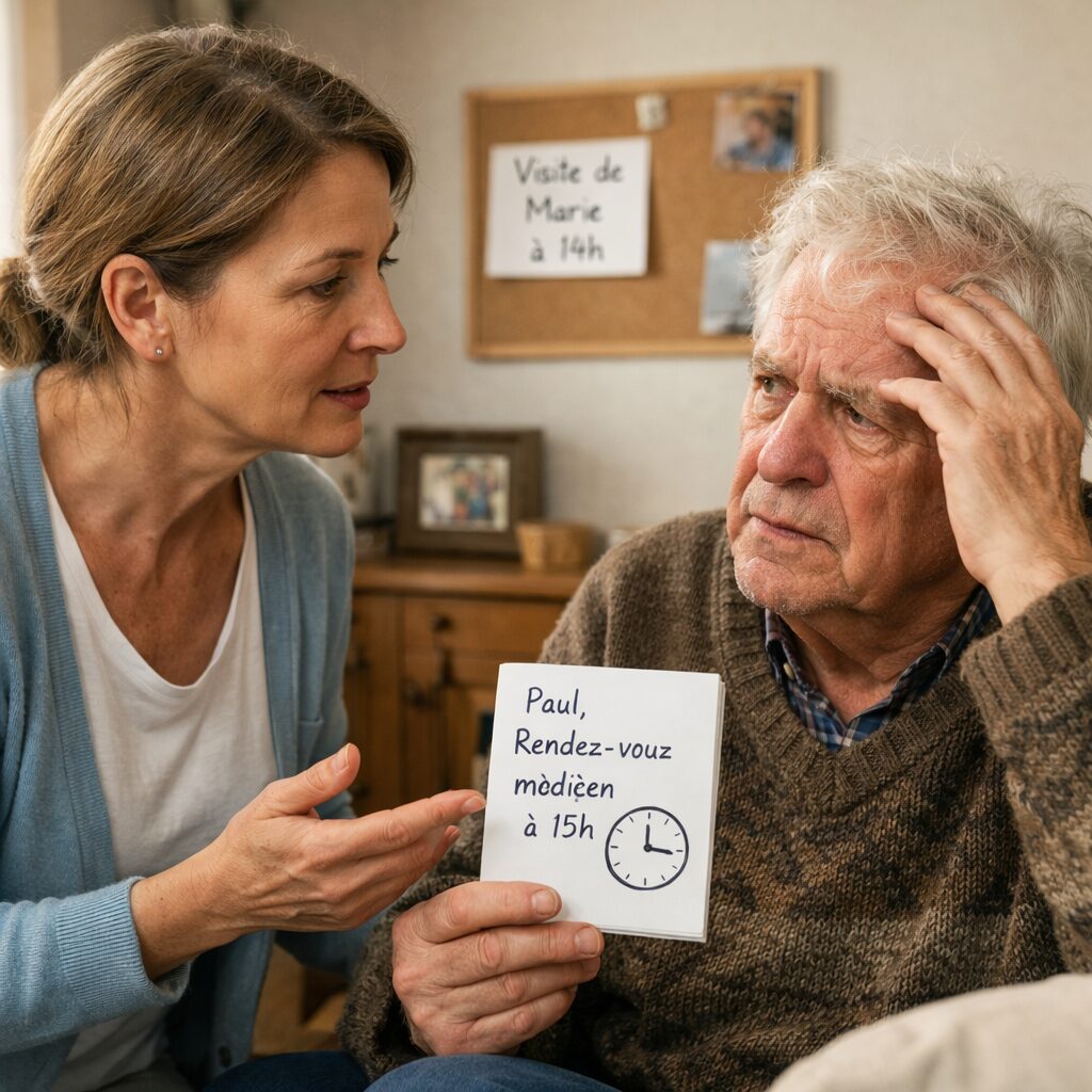 Aidante montrant un aide-mémoire à une personne atteinte du syndrome de Korsakoff pour l’aider à se souvenir d’un rendez-vous et d’une visite prévue