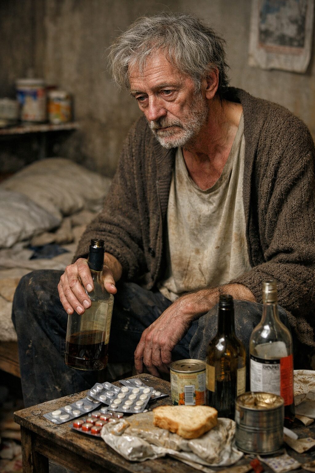 Personne âgée en situation d’incurie dans un logement dégradé, avec alcool, alimentation insuffisante et signes évoquant une grande vulnérabilité liée à l’alcoolisation chronique et aux carences nutritionnelles.