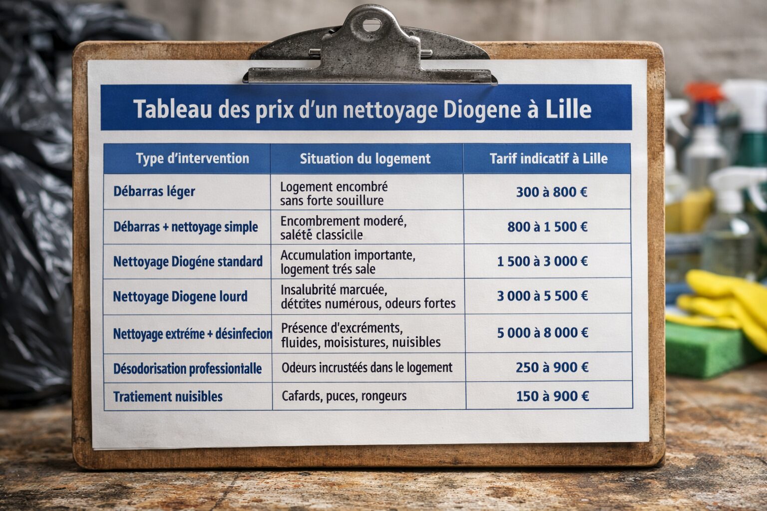 Tableau des prix d’un nettoyage Diogène à Lille présenté sur un support avec les principaux tarifs de débarras, nettoyage et désinfection