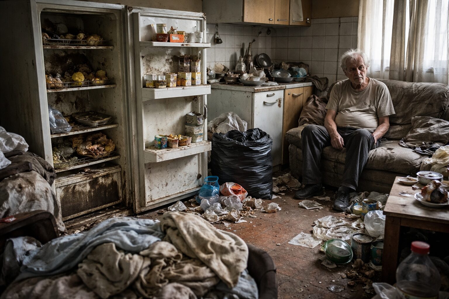Patient atteint du syndrome de Korsakoff dans un logement dégradé avec linge souillé, réfrigérateur impropre et déchets non évacués