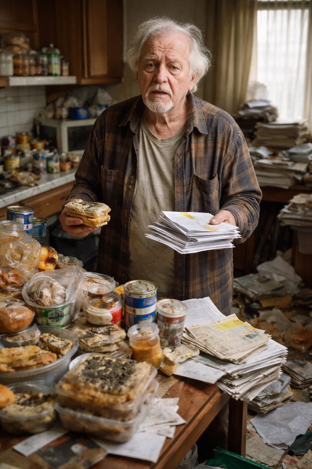 Homme âgé atteint du syndrome de Korsakoff dans un logement encombré avec nourriture périmée, courrier non traité et objets accumulés