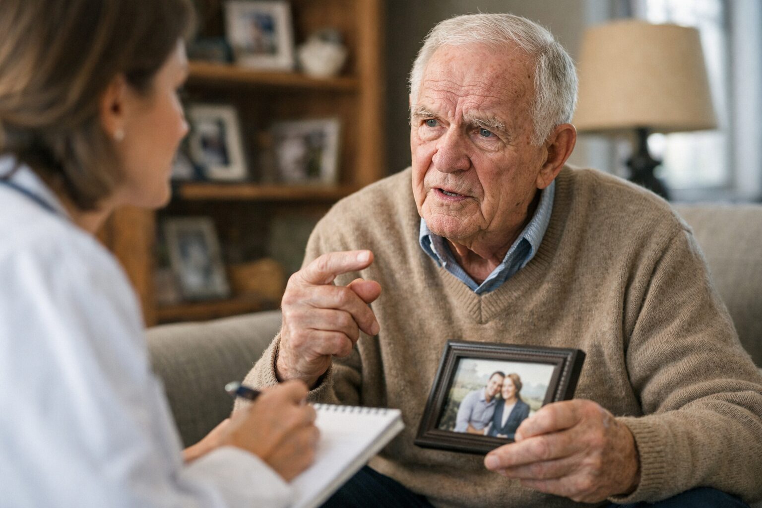 Personne âgée atteinte de troubles de la mémoire parlant avec un professionnel de santé pour repérer une confabulation active