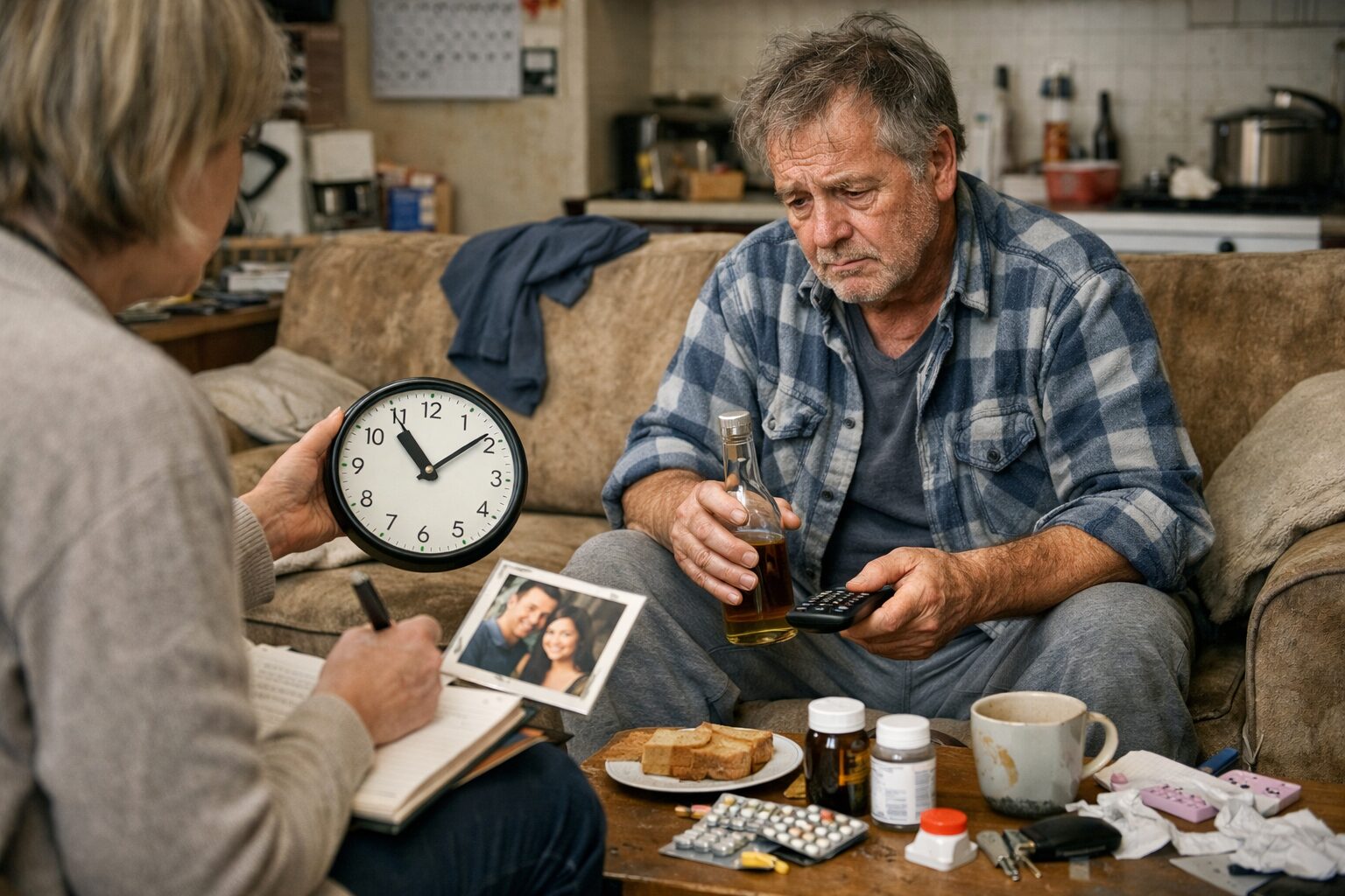 Patient vivant à domicile atteint d’un syndrome de Korsakoff lors d’une évaluation du quotidien avec une aidante, dans un salon avec médicaments, alimentation et repères temporels