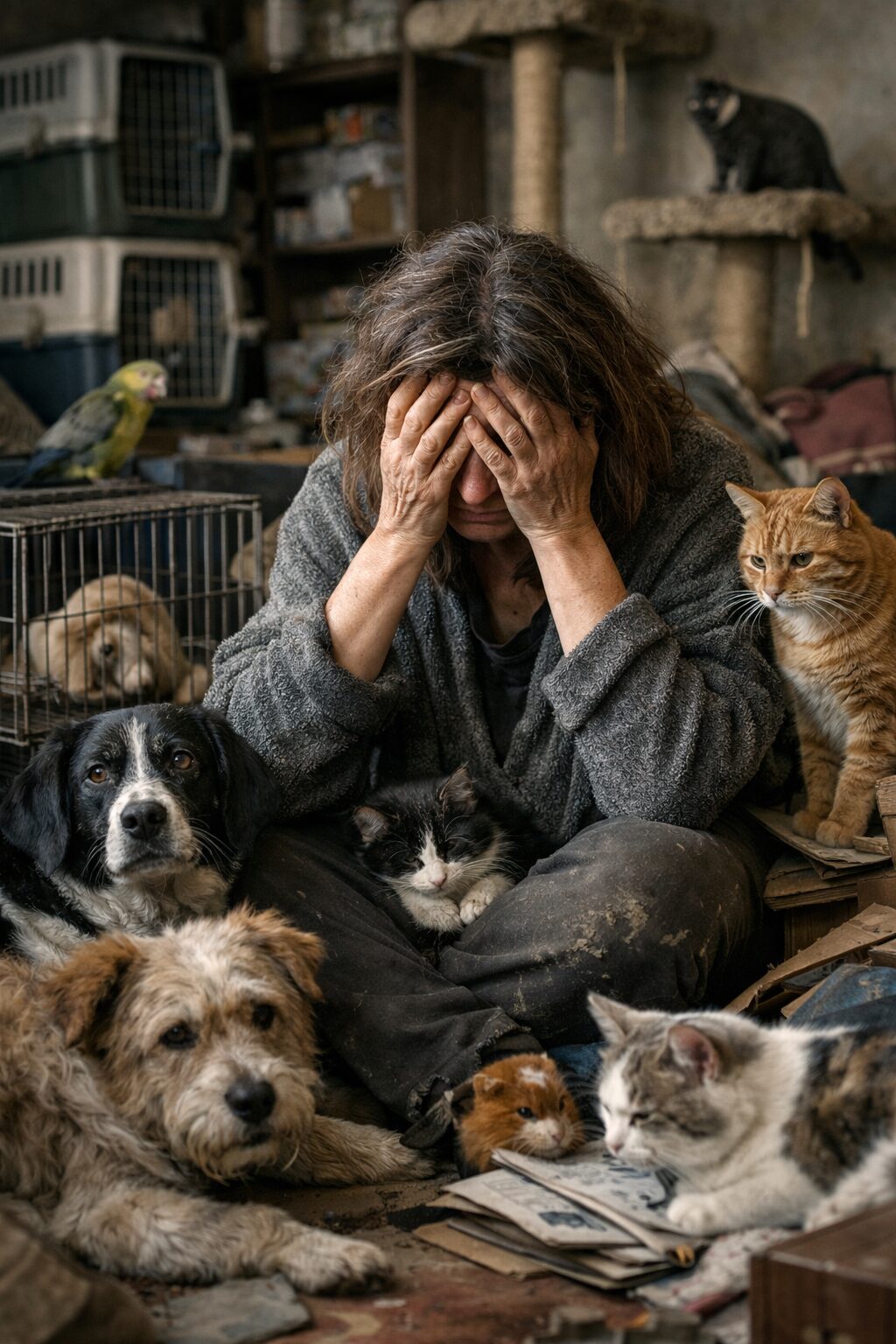 Femme entourée de nombreux animaux dans un logement encombré, illustrant le risque de reprise rapide d’animaux après une intervention liée au syndrome de Noé