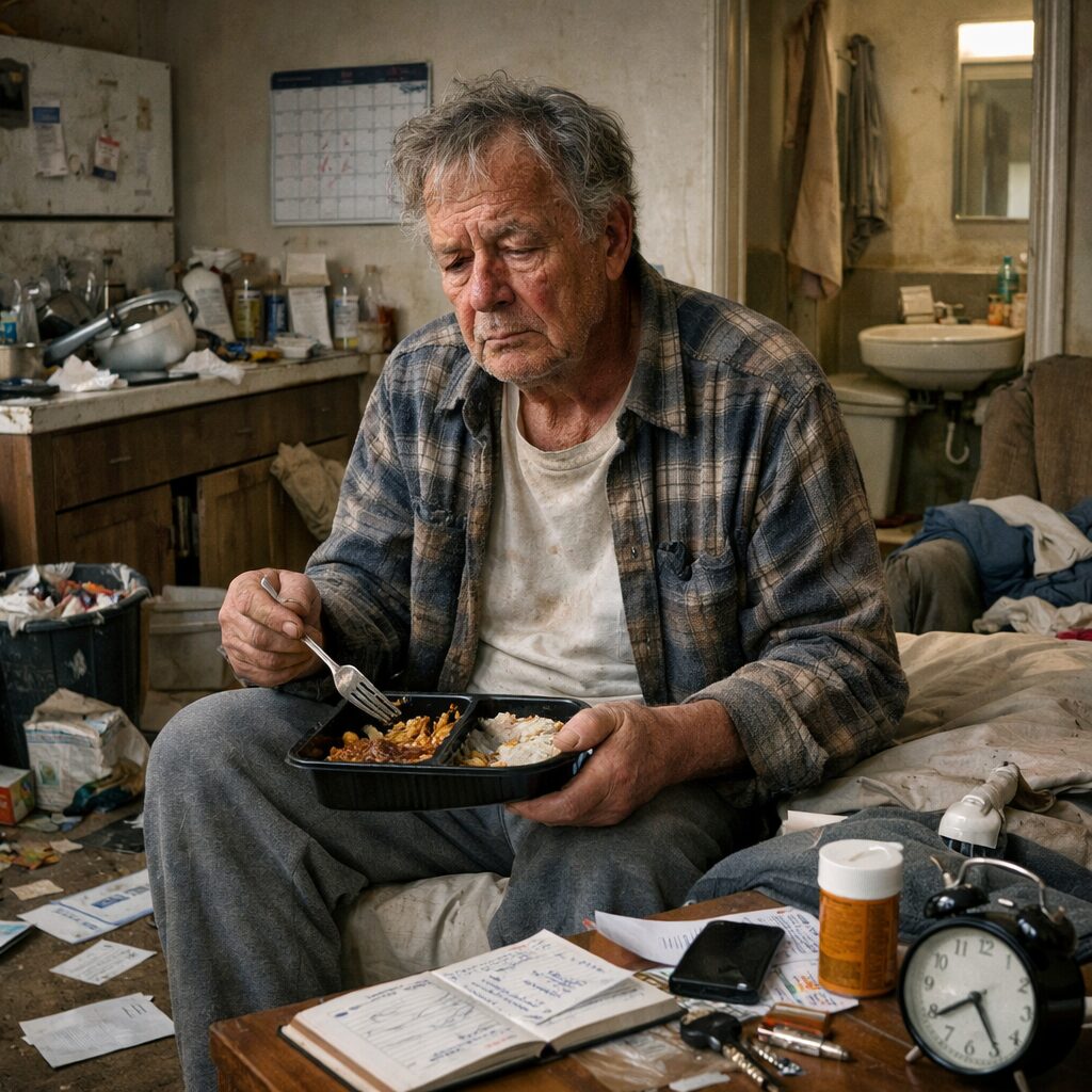 Homme âgé assis dans un logement en désordre illustrant les difficultés du syndrome de Korsakoff pour gérer les repas, l’hygiène, les rendez-vous et l’entretien du domicile