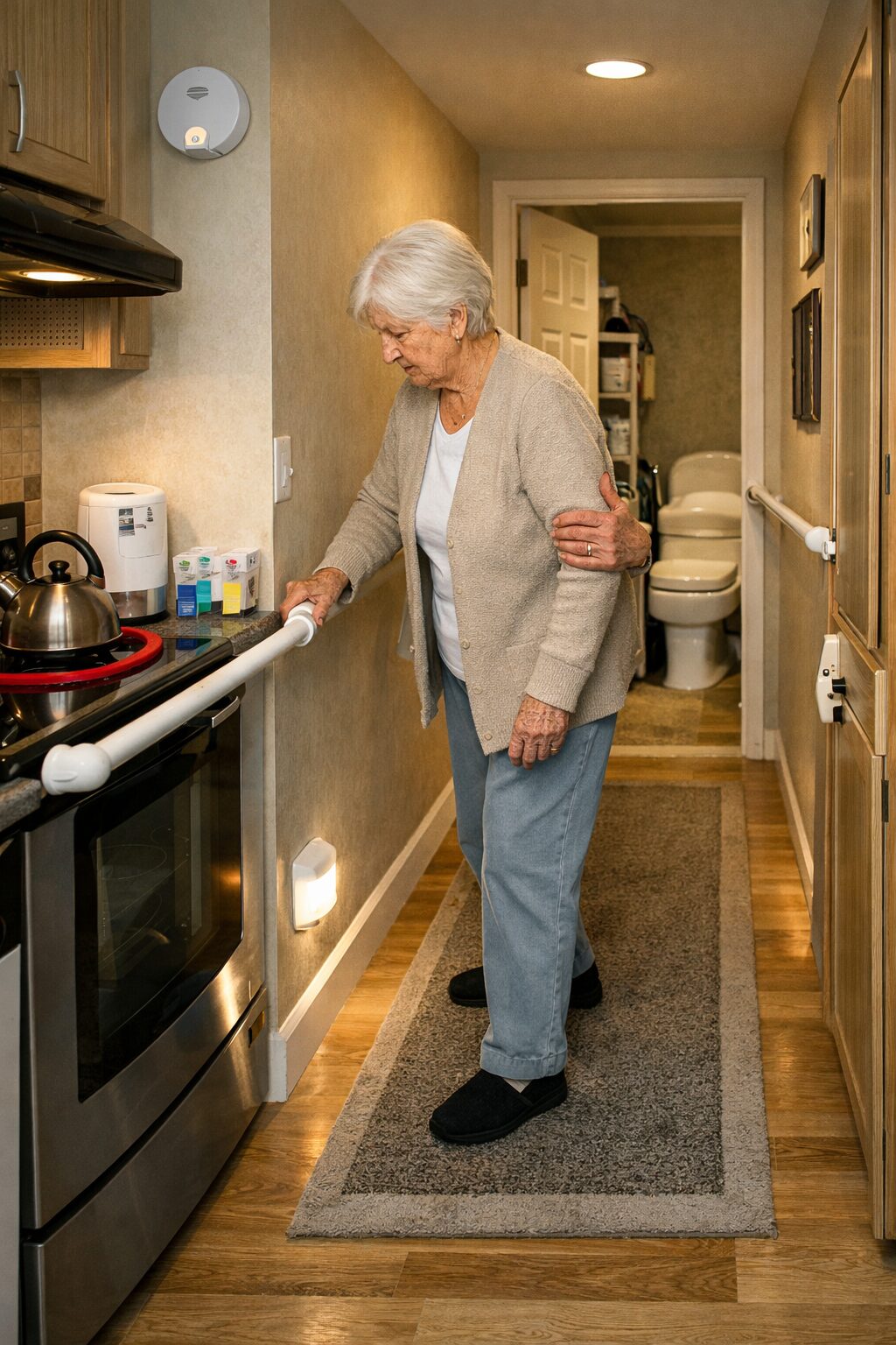 Patiente âgée avec troubles de mémoire sévères se déplaçant dans un domicile sécurisé avec barre d’appui, éclairage au sol et cuisine aménagée