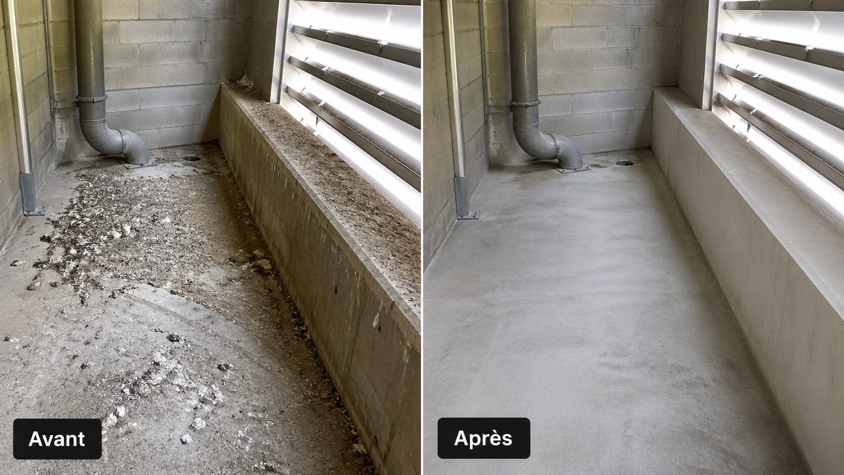 Avant après nettoyage fientes de pigeon